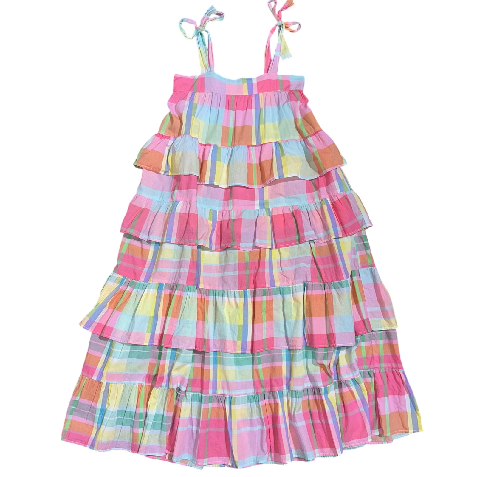 Lison Paris Girls Tiered Ruffle Plaid Check Bow Straps Hoop Midi Dress Size 10y